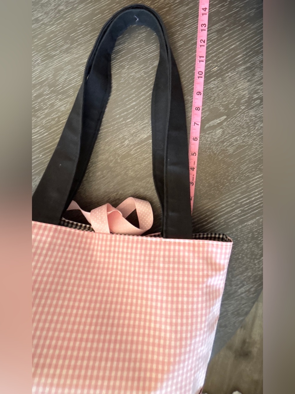 Pink Gingham Tote Bag. Black Straps. Ribbon Accent. Lined. Snap Closure. SKU 30 - Picture 8 of 8